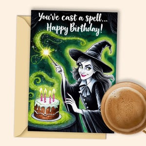 Carte d'anniversaire de sorcière envoûtante - téléchargement numérique | Jeune sorcière lance un sort pour un joyeux anniversaire avec une baguette magique | Impression unique