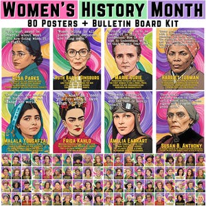 80 donne influenti, poster del mese della storia delle donne – bacheca, aula, decorazione della porta, citazioni motivazionali, marzo, download digitale