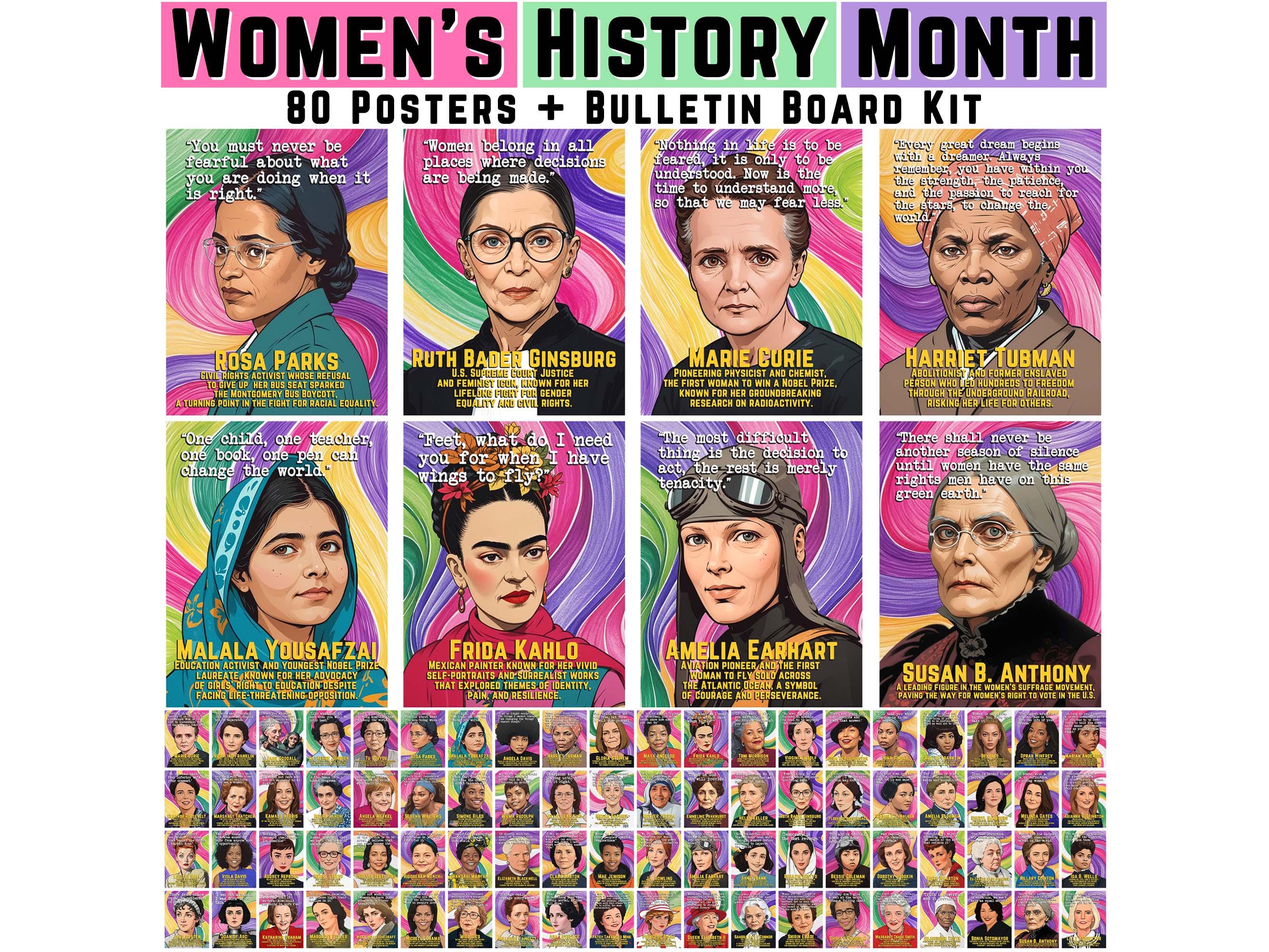 80 einflussreiche Frauen, Frauengeschichte-Monats-Poster - Pinnwand, Klassenzimmer, Türdekoration, Inspirationszitate, März, digitaler Download
