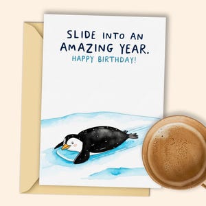 Carte d'anniversaire amusante de pingouin | imprimable Joyeux anniversaire avec un pingouin coulissant | Carte animal amusante pour enfants et adultes