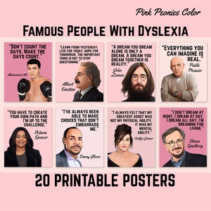 Famous People With Dyslexia, Printable Quote Posters, Dyslexia Awareness Month, World Dyslexia Day, Dyslexia Classroom Decor. Pink Color