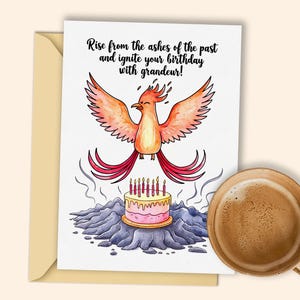 Phoenix-verjaardagskaart: maak je geen zorgen met deze inspirerende digitale kaart als afdrukbare download!