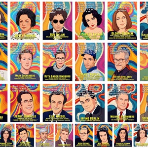 Set di poster del mese dell'iconico patrimonio ebraico americano: 28 citazioni e cartoni animati vettoriali