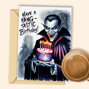 Vampir Geburtstagskarte mit Leuchtkuchen - "Have a Fang-tastic Birthday!" - Finstere Digital Printable
