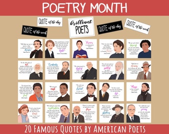 National Poetry Month Bulletin Board, 20 American Poets, Famous Quotes - Classroom Poster Decor