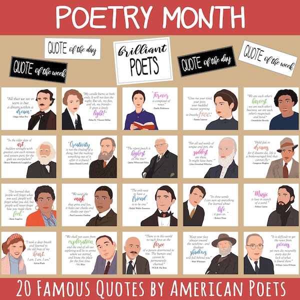 National Poetry Month Bulletin Board, 20 American Poets, Famous Quotes - Classroom Poster Decor