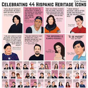 Feiern von 44 Hispanic Kulturerbe Icons Poster, Rosa Thema, National Hispanic Kulturerbe Monat Klassenzimmer Dekor, Digitaler Download