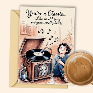 Afdrukbare verjaardagskaart voor muziekliefhebbers: vintage platenspeler en muzieknoten voor een klassieke verjaardag