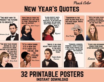 32 Posters, Inspiring and Motivational New Year Quotes 2024, Famous People Portrait, Inspirational Quotes, Instant Download, Peach Color