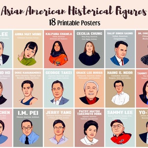 Leader asiatici americani, 18 poster di biografie stampabili, mese del patrimonio AAPI, bacheca, arte AAPI, famosi eroi asiatici americani.