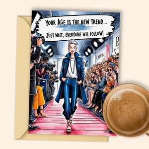 Afdrukbare verjaardagskaart voor fashionista's: stijlvolle catwalkscène met paparazzi voor trendy fashion verjaardagsvibes