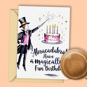 Goochelaar verjaardagskaart digitale download - "Abracadabra!" Magische leuke verjaardagsafdrukbare verjaardag voor kinderen en volwassenen