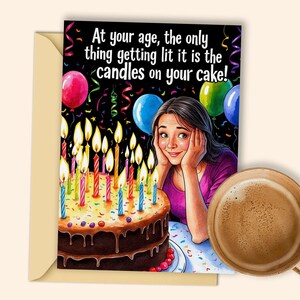 Cartão de aniversário para impressão - Bolo de aniversário iluminado com velas e decorações festivas para celebrações divertidas