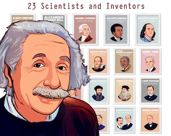 23 Famous Scientists and Inventors Posters, STEM Classroom Decor, Instant Download, Biographies, Vector Art Portrait, Digital Download.