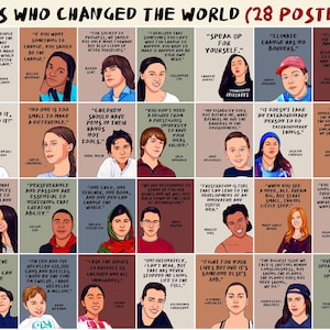 Earthy: 28 niños que cambiaron el mundo, carteles imprimibles para el aula, citas de niños influyentes, líderes juveniles, jóvenes.