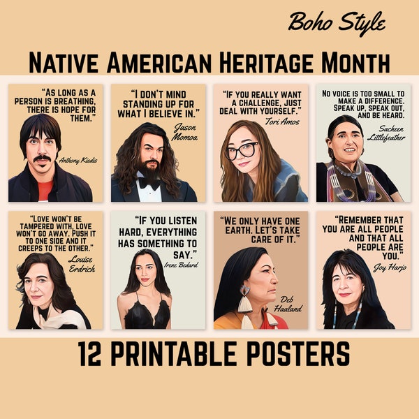 Famous Native American Leaders, Printable Indigenous Posters, National Native American Heritage Month, Quotes Posters, Boho Style