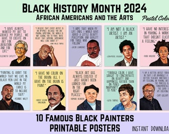 Black History Month 2024 Posters, 10 Famous Black Painters, Theme African Americans and the Arts, Black Artists, Watercolor Art,Pastel Color