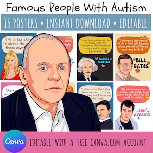 Famous People With Autism,15 Printable Posters, Autism Awareness Day, Groovy Decor, Editable Classroom Posters, Canva Templates