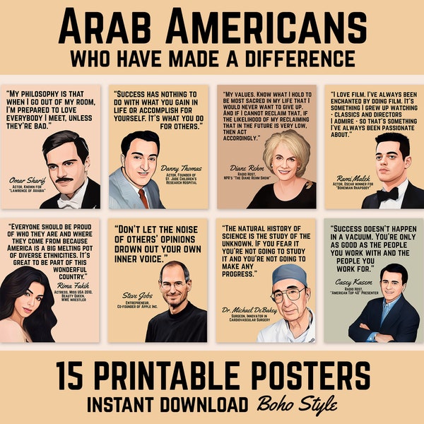 15 bemerkenswerte arabische Amerikaner, die Geschichte geschrieben haben, National Arab American Heritage Month (NAAHM), Klassenzimmer und Büro-Zitat-Poster im Boho-Stil