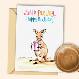 Tarjeta festiva de cumpleaños con forma de canguro / Tarjeta de feliz cumpleaños imprimible con caja de regalo / Tarjeta alegre con forma de canguro