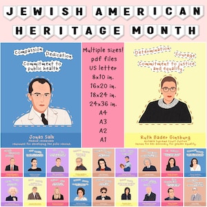 Set di poster per il mese del patrimonio ebraico americano - 20 figure ispiratrici per la classe, tratti caratteriali positivi, dimensioni multiple, banner con alfabeto
