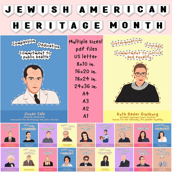 Jewish American Heritage Month Poster Set - 20 Inspirational Figures for Classroom, Positive Character Traits,Multiple sizes,Alphabet Banner