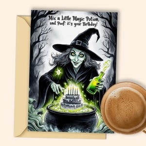 Verzauberte Zaubertrank Geburtstagskarte - Digital Download | Hexenkessel Alles Gute zum Geburtstag wünscht mit leuchtender Zaubertrankflasche Einzigartige Printable