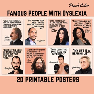 Famous People With Dyslexia, Printable Quote Posters, Dyslexia Awareness Month, World Dyslexia Day, Dyslexia Classroom Decor. Peach Color