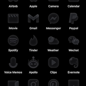 May include: A black smartphone screen displaying app icons in a frosted glass style. Icons include Airbnb, Apple, Camera, Calendar, iMovie, Gmail, Messenger, and Paypal.