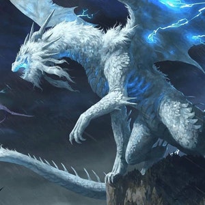 May include: Digital illustration of a white dragon with blue highlights and lightning. The dragon is perched on a rocky outcrop, with its wings spread and a fierce expression. The artwork has a fantasy theme.