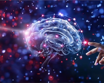 May include: A digital rendering of a human brain with a network of glowing red and blue lines connecting different parts of the brain. A hand reaches out to touch one of the glowing points on the brain.