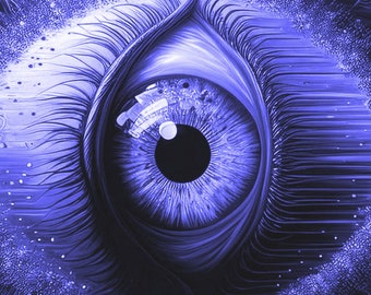 Puede incluir: Una obra de arte digital que presenta un primer plano de un ojo azul. El iris está detallado con patrones intrincados, y el área circundante está llena de diseños abstractos y arremolinados. La pupila del ojo es negra, creando un efecto surrealista y cautivador.
