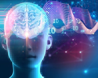 Puede incluir: Una ilustración digital de una cabeza humana con un cerebro brillante, rodeada por una ola de líneas rosas y azules y código binario. El fondo es un degradado de azul y morado.