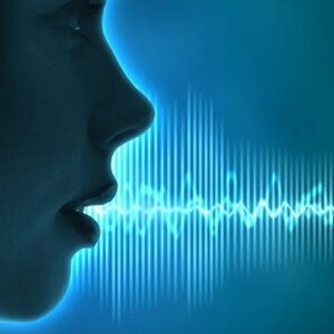 May include: A person's profile with an open mouth, set against a backdrop of a blue sound wave. The image uses a gradient of blue hues, from dark to light, to create a dynamic visual effect.