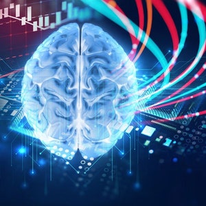 May include: A digital illustration of a human brain with a blue and white color scheme. The brain is surrounded by a circuit board and colorful lines, representing data flow. This image is related to artificial intelligence, technology, and the future of computing.
