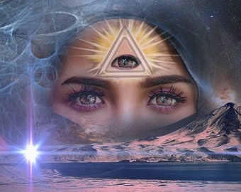 May include: A woman's face with a third eye in the center of her forehead, surrounded by a golden triangle. The background is a starry night sky with a moon and a mountain range.