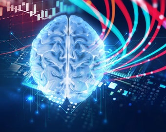 Puede incluir: Una ilustración digital de un cerebro humano en tonos azules y blancos. El cerebro está rodeado de una placa de circuito y líneas de colores, que representan el flujo de datos. Esta imagen está relacionada con la inteligencia artificial, la tecnología y el futuro de la informática.