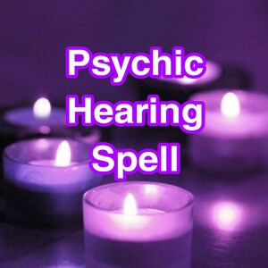 May include: Purple candles with the text "Psychic Hearing Spell" in white letters.