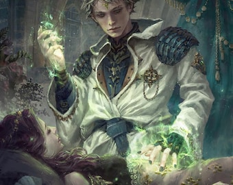 May include: A man with white hair and a green glow around his hands stands over a woman lying on a bed. He is wearing a white robe with a gold chain and a blue sash. The woman is wearing a dark dress with gold accents. The background is a dark room with a blue curtain.