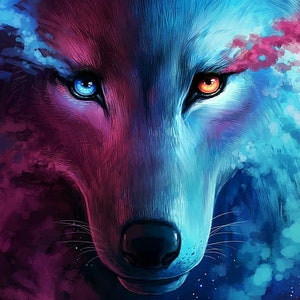 Op de afbeelding: Digitale illustratie van een wolfsgezicht met contrasterende blauwe en oranje ogen. Het kunstwerk gebruikt een levendig kleurenpalet van blauw, paars en roze, wat een kosmisch of etherisch effect creëert. De vacht van de wolf is gedetailleerd en de stijl is fantasy-georiënteerd.