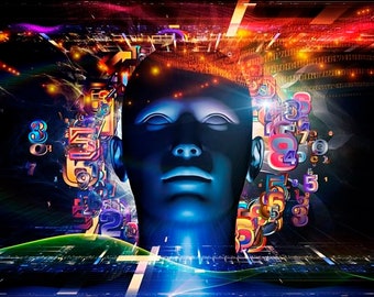 Puede incluir: Arte digital que representa una cabeza humana azul con los ojos cerrados, superpuesta con números y flujos de datos coloridos. El fondo presenta un diseño abstracto oscuro con tonos vibrantes de rojo, naranja y verde, sugiriendo tecnología y la mente.