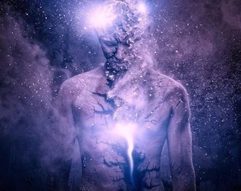 May include: A digital art image of a person with a cracked, textured body. The person is surrounded by a purple and blue nebula with white stars. A bright light shines from the person's chest.