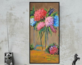 Abstract art, abstract canvas painting, abstract floral painting, abstract wall art,pink flower  blue flower,valentines day gift