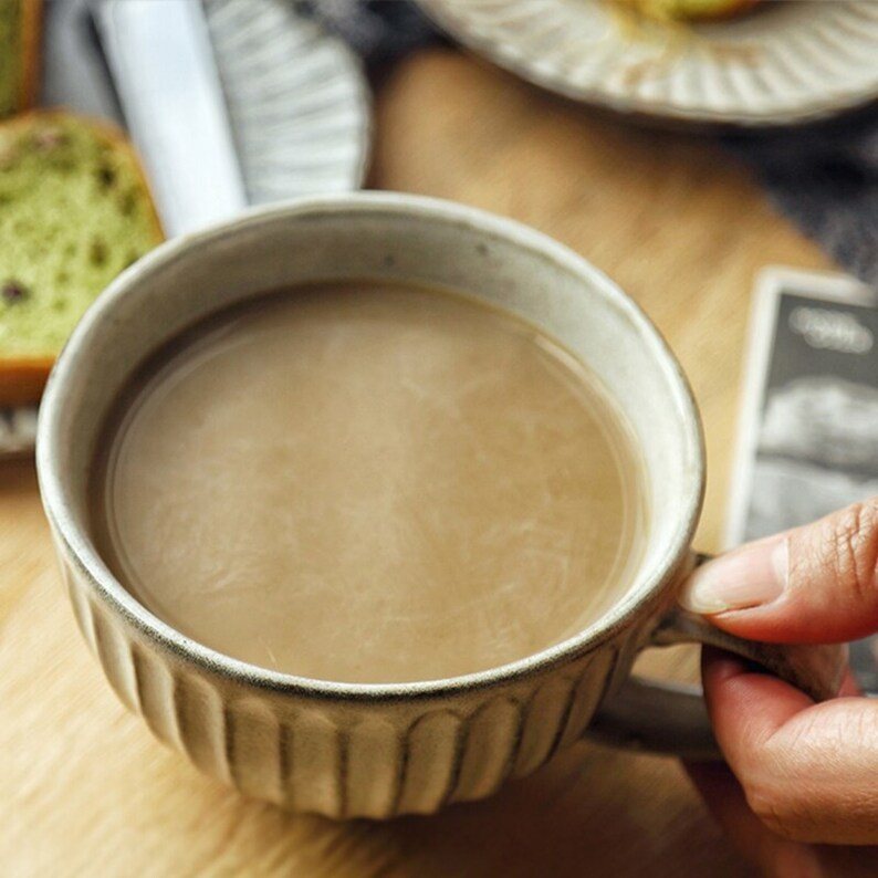 Retro Rough Pottery Ceramic Drinkware Water Tea Cup Pull Flower Latte Big Mouth Breakfast Dessert Home Decor Coffee Mug Set Bild 7
