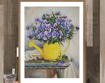 Original painting ,floral painting,purple and yellow flower, vintage painting, mother day gift