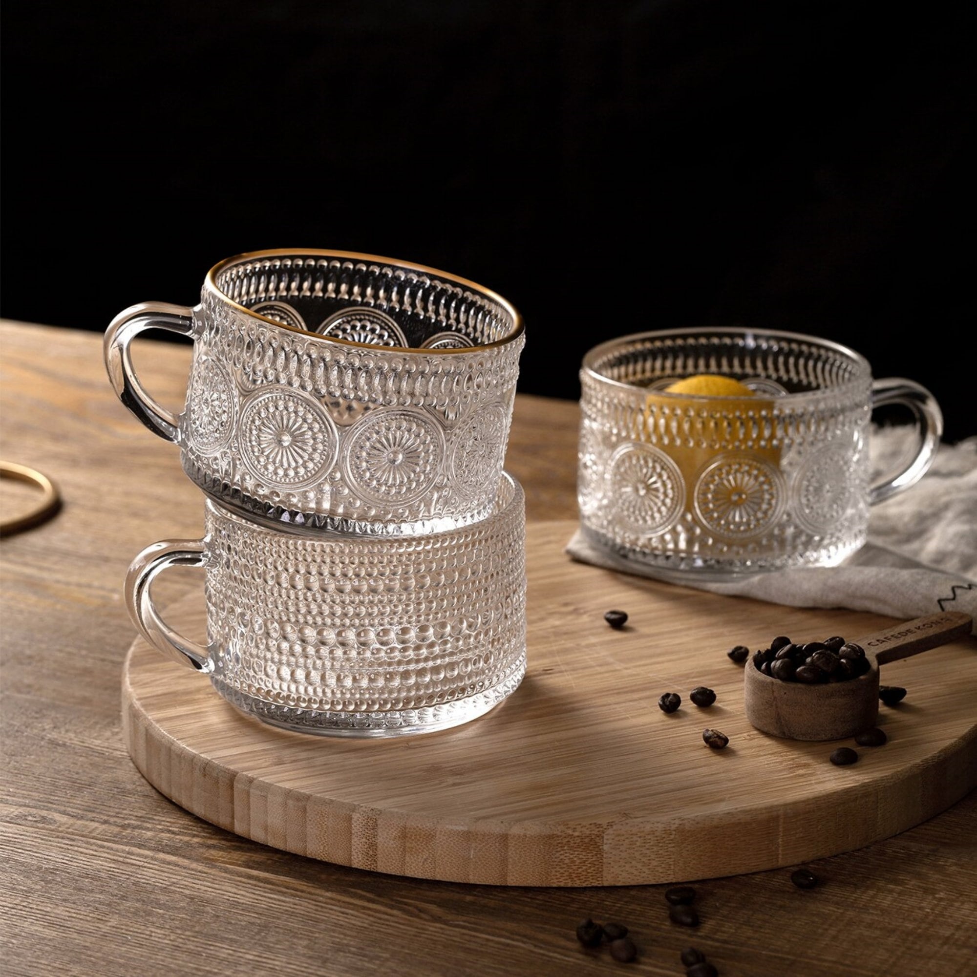 Vintage Glass Coffee Mugs Set of 4,Clear Embossed Glass Tea Cups with  Bamboo Lids and Spoons, Cute C…See more Vintage Glass Coffee Mugs Set of  4,Clear