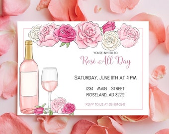 Digital Editable Invitation Rosé All Day Glass/Bottle Invite Canva Rosé/Rose Template, Instant Download, Evite, Rosé Rose Brunch Template