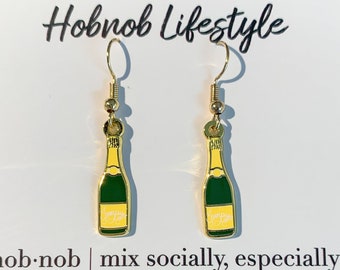 Champagne Bottle Enamel Earrings: Green & Yellow Brunch Jewelry