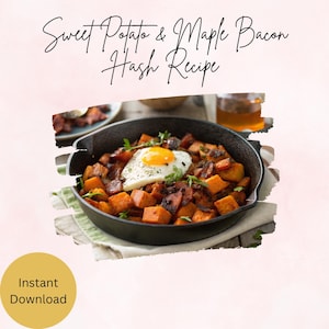 Receta de hash de tocino, camote y jarabe de arce / Idea de brunch abundante / Descarga digital
