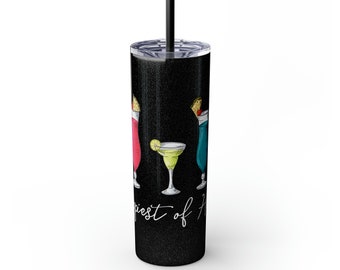 May include: A black glitter tumbler with a black straw. The tumbler features illustrations of three cocktails: a red drink, a margarita, and a blue drink. The words "Happiest of" are written in white script.